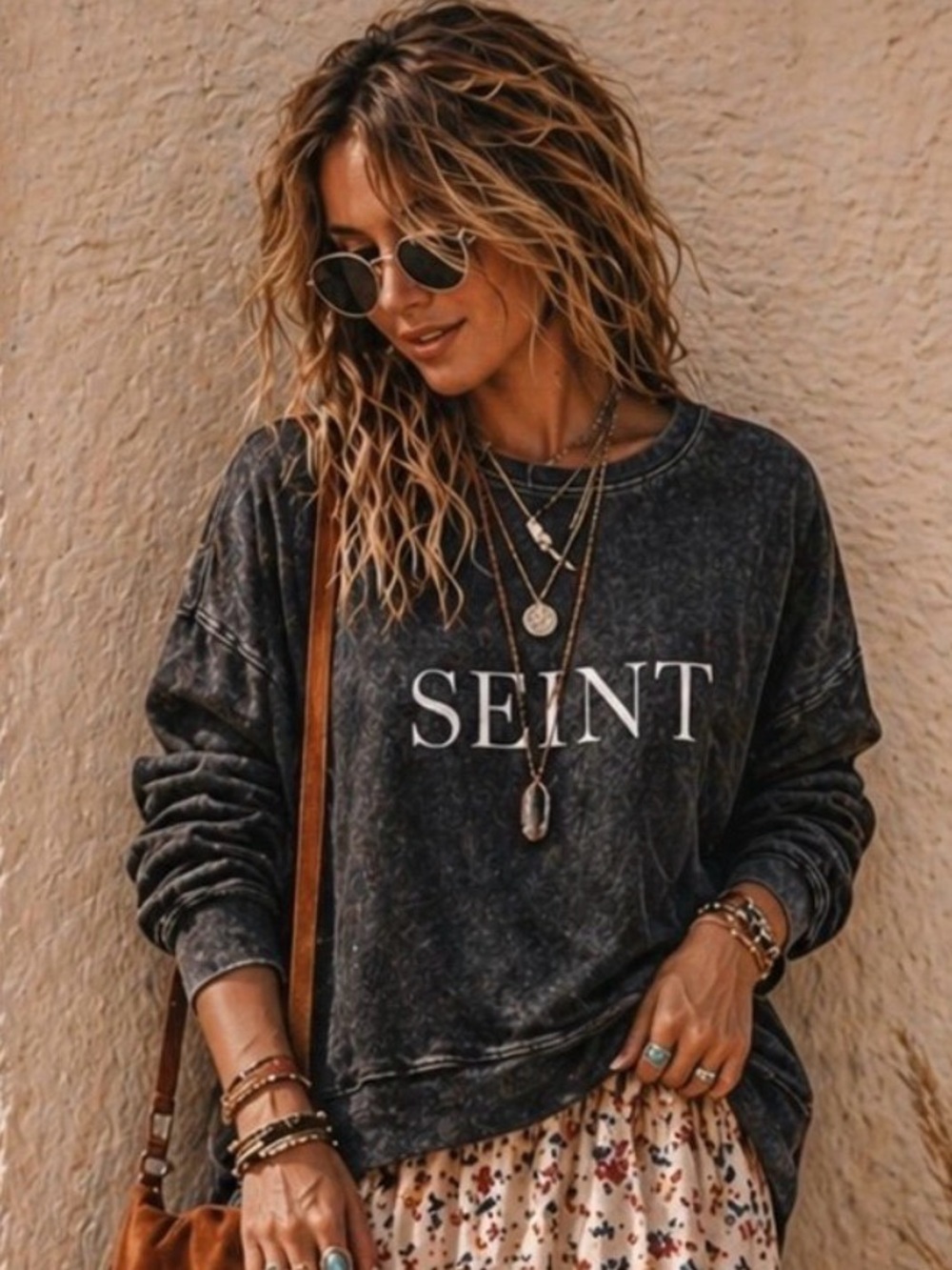 Seint Women's Charcoal Washed Graphic Sweatshirt Cotton Crewneck Size XL NWT $68